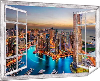 Gards Tuinposter Doorkijk Dubai Haven met de Stad - 180x120 cm - Tuindoek - Tuindecoratie - Wanddecoratie buiten - Tuinschilderij