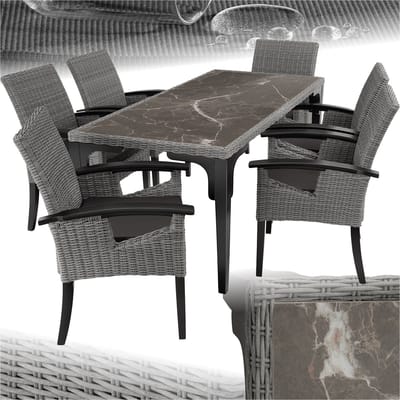tectake® Wicker meubelset - 6 stoelen en 1 tafel - Moderne en weerbestendige stoelen (Draagkracht 150 kg) met eettafel in marmerlook ((LxBxH) 196 x 87 x 76 cm) - Eetkamer lounge - Tuinmeubelen voor balkon, terras en buitenkeuken - Grijs