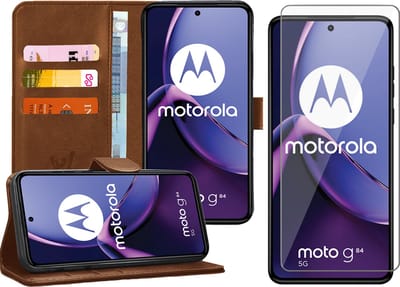 Hoesje geschikt voor Motorola Moto G84 - Screenprotector Glas - Portemonnee Book Case Bruin