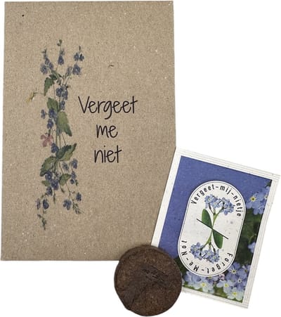 Vergeet me niet, bloemenzaden,verdriet ,afscheid,rouw, maatwerk,verdriet,condoleren,rouwbedankje,bedankje na uitvaart,uitvaart