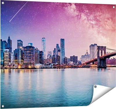 Gards Tuinposter New York Skyline met een Kleurrijke Hemel - 100x80 cm - Tuindoek - Tuindecoratie - Wanddecoratie buiten - Tuinschilderij