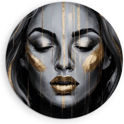 Saammp Muurcirkel Hout - Vrouw - Goude Accenten - abstract - Ø 90 - Wandcirkel - Wanddecoratie Cirkel - Muurdecoratie Woonkamer - Slaapkamer decoratie - Rond Schilderij