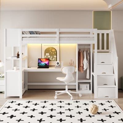VVBV Kinderhoogslaper 90x200 cm - Opbergruimte, Bureau, Kledingkast, Planken, Trap/Ladder, LED-Verlichting - Hout Wit