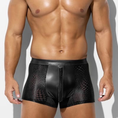 Zwarte Low Rise Heren Boxer met Rits – Ademend Mesh & PU-Leren Front – Sexy Stretch Ondergoed voor Mannen- Maat M