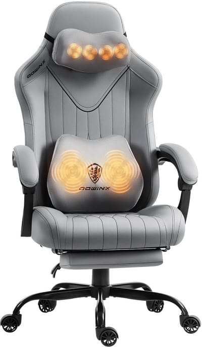 Dowinx Gaming Stoel - Gamestoel met Massage en Verwarming - Ergonomische Bureaustoel - Verstelbaar met Voetsteun - Pocketvering - Kunstleer - Grijs