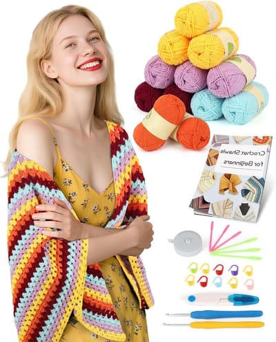 Beginner haakset voor volwassenen en kinderen, eenvoudig haakschalenset met stapsgewijze handleiding en accessoires voor het haken van een granny square sjaal