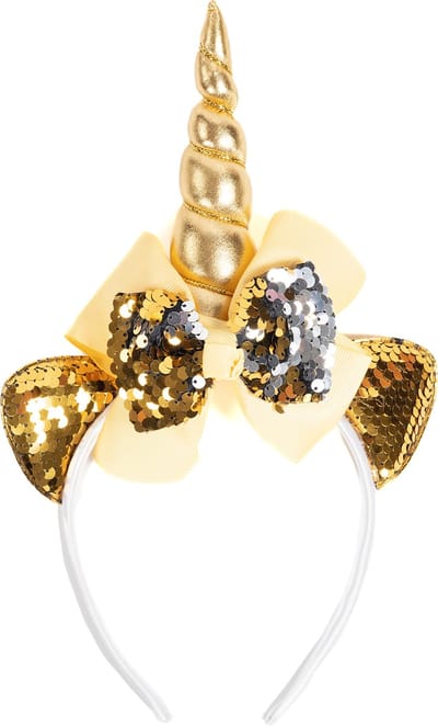 KIMU® Eenhoorn Strik Haarband Goud Zilver Pailletten - Unicorn Diadeem Met Oortjes En Strikje - Gouden Hoorn Zilveren Lint Glitter Glans Festival