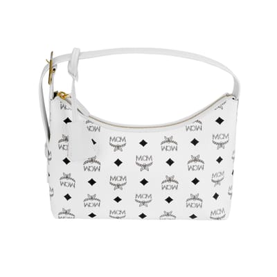 MCM Aren Visetos Monogram Print Gouden Slot Hanger Trendy Hobo Schoudertas Canvas en Leer Tote Bag Kleine Dames tassen Wit MWHESTA01WT001 Basic Set (Bag+Dust Bag) white