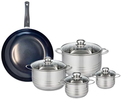 Set van 1 Koekenpan 32 cm en 4 kookpotten 12, 14, 20 en 24 cm Elo Prima Glanzend