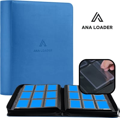 Ana Premium Toploader Binder Blauw - Geschikt voor 252 kaarten - Trading cards verzamelmap met rits sluiting - Toploader map - Top loader map geschikt voor Pokémon Trading cards - 9 Pocket Toploader Binder