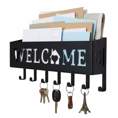 Janse® Sleutelrek met postvak - Haken voor sleutels - Sjaal organizer - Woon accesoires - Metalen sleutelrekje zwart - Welcome