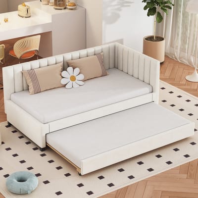 Pugsdrly Bekleed bed 90*200, uitschuifbare slaapbank, multifunctioneel bed met lattenbodem, jeugdbedden, kinderbedden, logeerbedden, fluweelstof beige