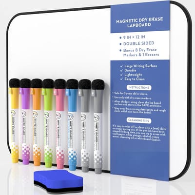 PromoHome Magnetisch Droog Wisbaar Whiteboard A4 Dubbelzijdig - 9x12 inch Wit Bord met Zwarte Rand - Inclusief 8 Waterbasis Pennen en 1 Wisser - Perfect voor Kinderen, Thuis en Klaslokaal