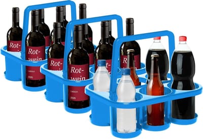 Novaliv 3x Flessendrager voor 18 Flessen - Stabiele Houding - Drankenmand Kunststof, Stapelbaar, 32x23x28cm BLAUW - Ideaal voor Keuken & Kelder Drankenmand Bierdrager Drankendrager Flessendoos