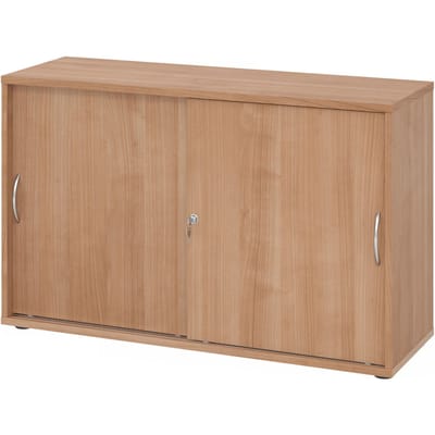 Schuifdeurkast TARA, 2 ordnerhoogten, B 1200 x D 400 x H 748 mm, afsluitbaar & stapelbaar, notenhoutpatroon