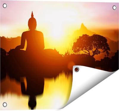 Gards Tuinposter Silhouet van Boeddha Beeld met Zonsondergang - 50x40 cm - Tuindoek - Tuindecoratie - Wanddecoratie buiten - Tuinschilderij