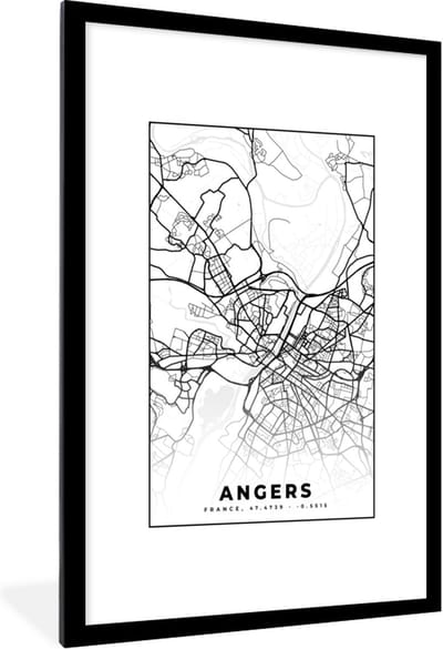Fotolijst incl. Poster Zwart Wit- Stadskaart - Angers - Plattegrond - Kaart - Frankrijk - Zwart wit - 80x120 cm - Posterlijst