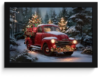 Poster in lijst - Fotolijst 30x20 cm - Posters - Kersttruck - Sneeuwbos - Rood - Posterlijst zwart - Decoratie - Wanddecoratie woonkamer - Muurdecoratie slaapkamer - Kerstversiering - Kerstdecoratie voor binnen - Kerstmis