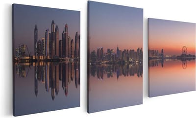Artaza Canvas Schilderij Drieluik Skyline Dubai Stad bij Zonsondergang - 120x60 - Foto Op Canvas - Canvas Print