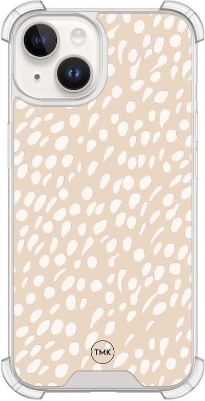 Shockproof hoesje geschikt voor Apple iPhone 14 - Sand dots - Schokbestendig - Verhoogde randen - TPU case - Extra Sterke Back Cover - Gestipt - Transparant, Beige