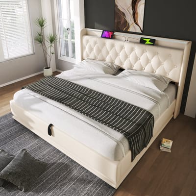STILVORA Gestoffeerd Bed 160x200cm - 360° LED Sfeerverlichting - Hydraulisch Opbergbed Met Getuft Hoofdeinde - PU - Wit - Met matras