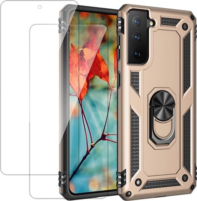 HB Hoesje Geschikt voor Samsung Galaxy S21 Goud - Anti-Shock Hybrid Armor Back Cover - Hoes met Kickstand Ring & 2X Glazen Screenprotector