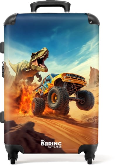 NoBoringSuitcases.com® - Kinderkoffer jongen - Kindertrolley jongens - Vluchtende truck voor T-Rex in vurige woestijn - Koffer kind groot - Rolkoffer lichtgewicht - Reiskoffer met 4 wielen - Grote trolley XL - 20 kg bagage