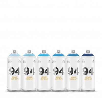 MTN94 spuitbussen pakket - 6x Blauw tinten - Lage druk, matte afwerking graffiti spuitverf - 400ml