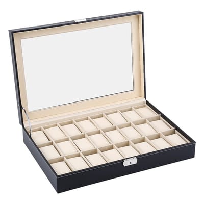 Dailygoods- Horlogedoos voor 24 horloges - Opbergdoos met glazen deksel - PU-leer en fluweel - Sieradendoos voor armbanden/halskettingen - Metalen slot voor extra veiligheid - Stijlvol design - Horlogeopbergdoos