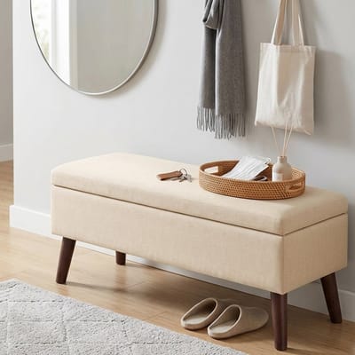 Bealife AR58 Opbergbank - Halbank met opbergruimte - Bankje voor naast het bed - Linnen bekleding en Houten poten - 110 × 39 × 45 cm - Voor hal, woonkamer, gang of slaapkamer – Crème