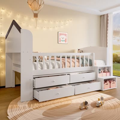 Wishdor Halfhoog kinderbed 90x200 cm - Huisvorm met raam & ledverlichting - Opbergladder & 4 lades - Grenenhout - Wit - Magische kinderkamer