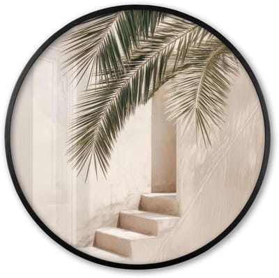 Poster in lijst Rond - Fotolijst 60x60 cm - Posters - Palmboom - Schaduw - Trap - Beige - Ronde posterlijst zwart - Decoratie - Wanddecoratie woonkamer - Muurdecoratie slaapkamer