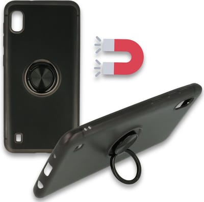 HB Hoesje Geschikt voor Samsung Galaxy A10 - Zwart - Siliconen Back Cover met Ring Kickstand - Geschikt voor Magneet Houders