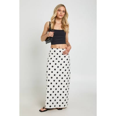 boohoo Dames Petite Polka Linnen-look Lage Taille Maxi Rok | Wit | Maat: 40