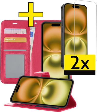 Hoesje - Met 2x Screenprotector - Geschikt voor Apple iPhone 16 - Luxe Pasjeshouder - Bookcase Portemonee - Flip Case - Kunstleer Book Case - Flipcase Hoes - Book Cover - Walletcase - Portemonneehoes - Telefoonhoesjes - Donkerroze