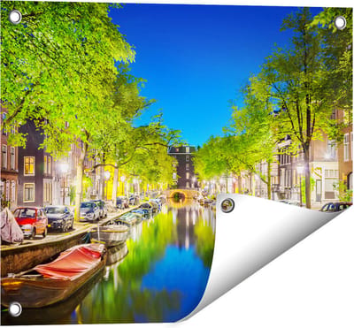Gards Tuinposter Amsterdamse Gracht in de Nacht - 50x40 cm - Tuindoek - Tuindecoratie - Wanddecoratie buiten - Tuinschilderij