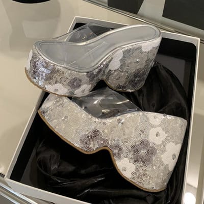 Liyke Sexy 13CM Super Hoge Hakken Sleehakken Slippers Voor Vrouw Roze Pailletten Dikke Zool Open Teen Feestjurk Schoenen Platform Sandaal 35 gray