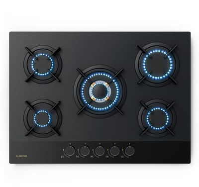 Klarstein Gaskookplaat Goldflame Nano 70 cm, 5 messing branders, 10,4 kW, wokbrander, nano-gecoat glas, vlambeveiliging, automatische ontsteking, geschikt voor aardgas/lpg, zwarte metalen draaiknoppen,4 kW - voor Keuken - Gas Hob