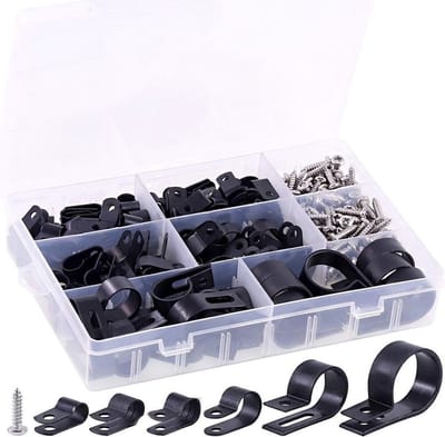 Famanu – Kabelklemmen assortiment set - 135 stuks in 6 maten - nylon kabelclips met schroefbevestiging - inclusief schroeven - geschikt voor kabelbeheer thuis en op kantoor