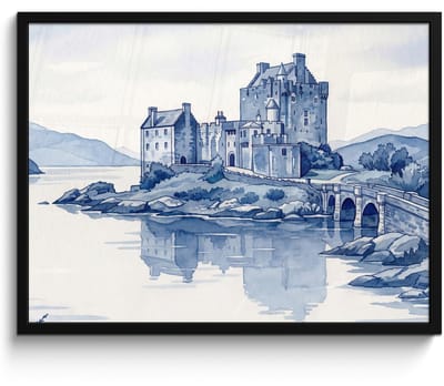 Poster in lijst - Fotolijst 80x60 cm - Posters - Schots - Kasteel - Blauw - Aquarel - Posterlijst zwart - Decoratie - Wanddecoratie woonkamer - Muurdecoratie slaapkamer