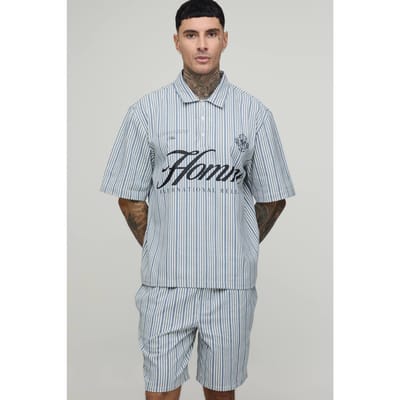 Tall Oversized Poloshirt Met Korte Mouwen En Gestreepte Short Set | Blue | Size Small
