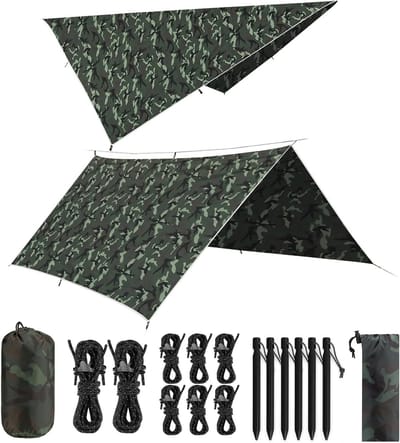 Waterdichte Ultralight Tarp 3 x 3 m voor Camping en Picknick met 9 Oogjes, 6 Aluminium Pins en 8 Nylon Touwen, Bescherming tegen UV-straling en Sneeuw, Lichtgewicht en Compact voor Hangmatten en Buitenactiviteiten