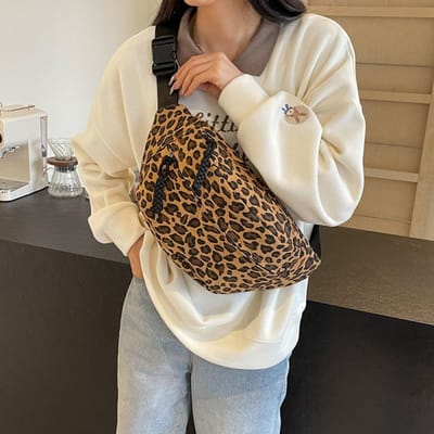 Grote Maat Luipaardprint Borsttassen voor Dames Canvas Grote Capaciteit Schouder Crossbody Tas 2025 Zomer Nieuwste Taille Heuptas bruin