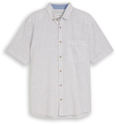 Tom Tailor - Regular fit overhemd met korte mouwen en linnen - Maat XXL - white leaf green small stripe