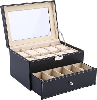 Watches Organizer met 20 Compartimenten van PU Leer, Luxe Sieraden Display Doos voor Horloges en Accessoires, 28.2 x 20.3 x 16.5 cm