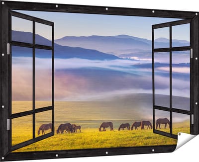 Gards Tuinposter Doorkijk Kudde Wilde Paarden in de Wei bij Heuvels - 180x120 cm - Tuindoek - Tuindecoratie - Wanddecoratie buiten - Tuinschilderij