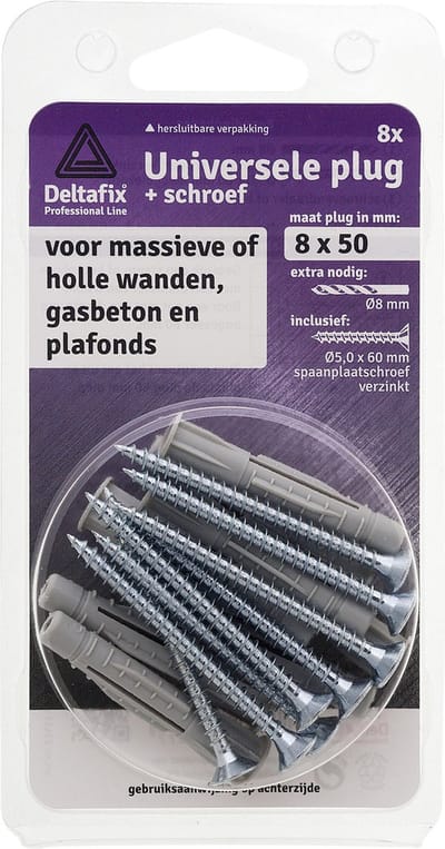 Deltafix universeelplug met kraag / met spaanplaatschroef grijs 10 x 60 mm 4 st.