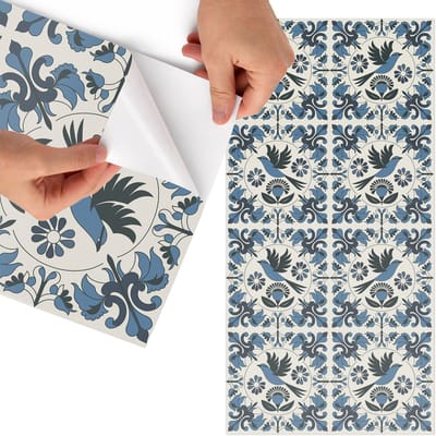Tulup Meubelfolie - Blauwe vogels Wrapfolie Keuken - 75x150 cm - Beige Meubelfolie - Wrapfolie Keuken - Rustiek Meubelfolie - Decoratiefolie - Tafeldecoratie - Bloemen en planten