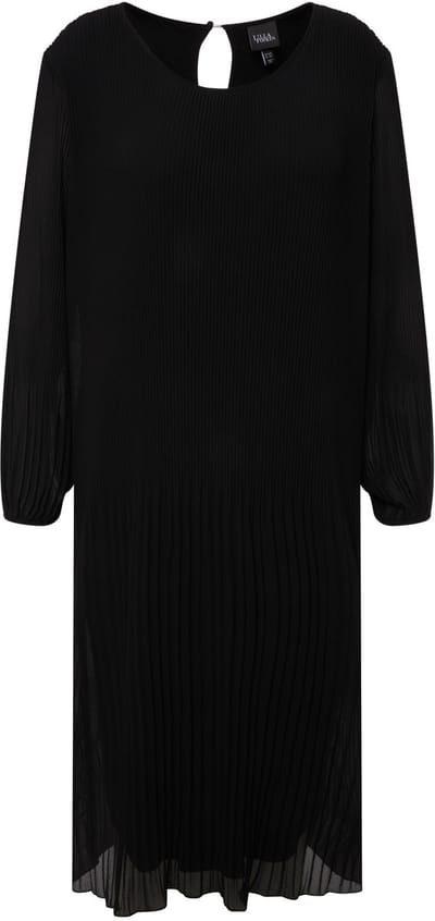 Ulla Popken - Dames - Geplooide midi-jurk A-lijn ronde hals lange mouwen - Zwart - Maat 50+