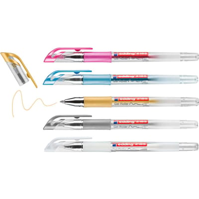 edding 2185/5S gelpen - gelroller - 0,7mm - speciale gelinkt op waterbasis, set - goud, zilver, wit, metallic roze, metallic blauw - 5 stuks - voor het schrijven van teksten